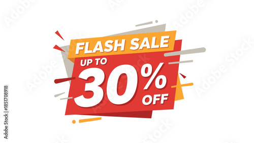Vibrant flash sale banner with up to 30% off promotion, featuring dynamic red and orange graphic design elements.
