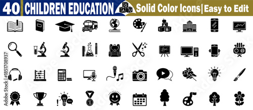 40 children education solid color icons easy to edit for school lessons or academic studies