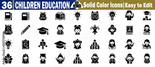 36 children education solid color icons easy to edit for school lessons or academic studies