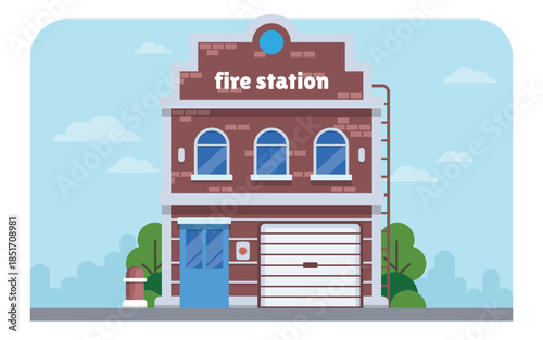 Firefighter Station with Ladder and Garage - Clean Editable Flat Vector Illustration