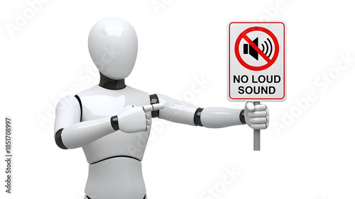 White robot holding a no loud sound prohibition sign and pointing isolated on transparent background