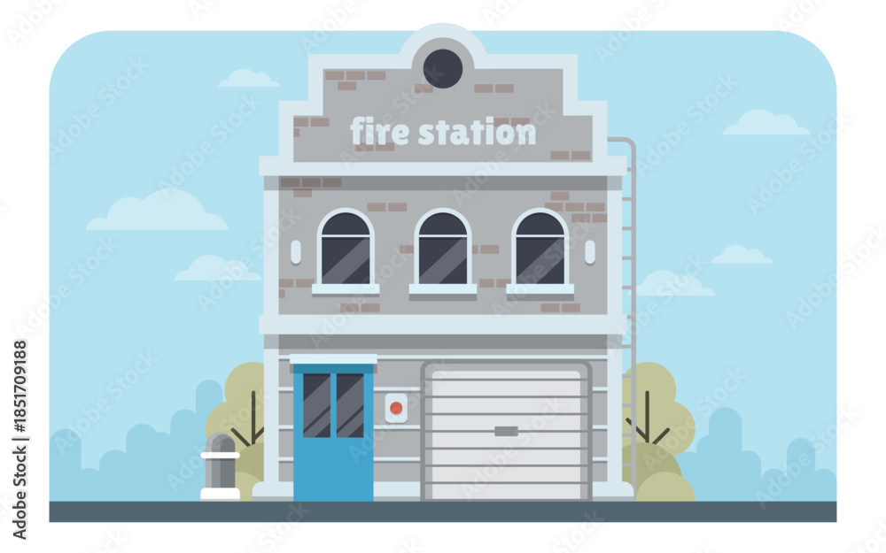 Obraz premium Firefighter Station with Ladder and Garage - Clean Editable Flat Vector Illustration