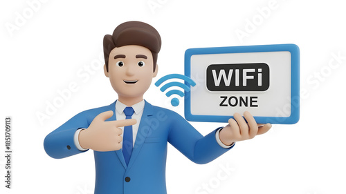 3d businessman character pointing to a wifi zone sign with signal waves, isolated on transparent background