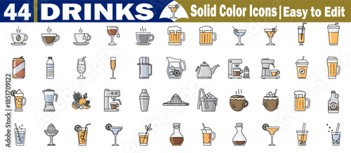 44 drinks solid color icons easy to edit diverse collection of beverage illustrations