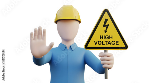 3d worker in hard hat holding a high voltage warning sign, isolated on transparent background