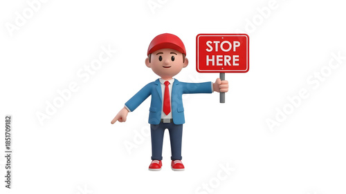 3d cartoon character of a man in a blue jacket and red tie holding a red stop here sign and pointing, isolated on transparent background
