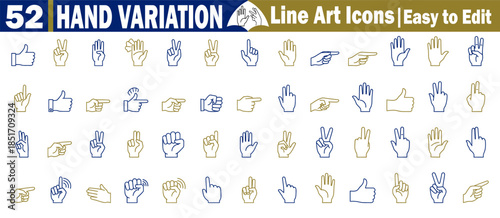 52 hand variation line art icons easy to edit gestures including thumbs up pointing and peace sign