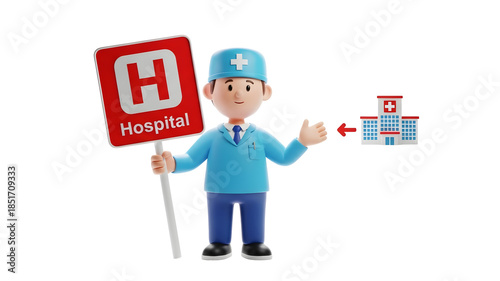 3d doctor character holding a hospital sign and pointing towards a hospital building isolated on transparent background