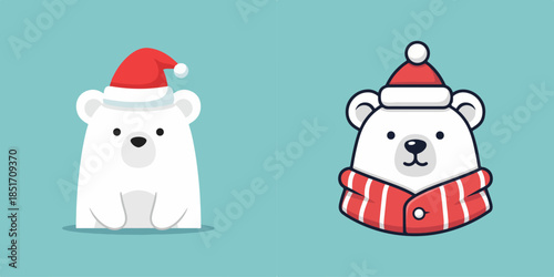 Adorable cartoon polar bears wearing festive winter hats and scarves, perfect for holiday greetings and seasonal designs