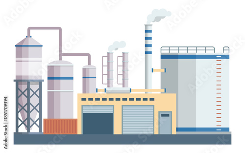 Flat Industrial Factory Vector with Storage Tanks and Chimneys