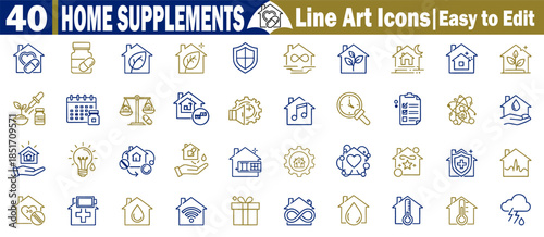 40 home supplements line art icons, easy to edit, isolated on transparent background. 