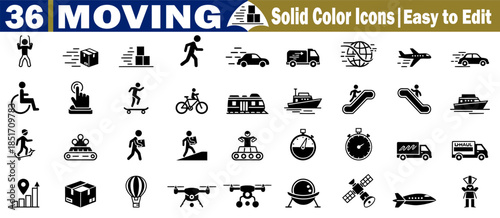 36 moving solid color icons, easy to edit logistics, transportation, and human activity vector illustration. 