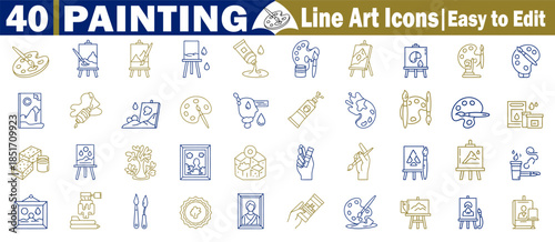 Painting line art icons, easy to edit, vector collection with artist tools and art supplies.