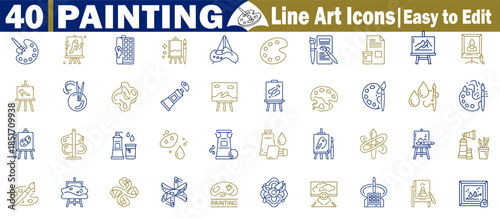 Painting line art icons, easy to edit, vector collection with artist tools and art supplies.