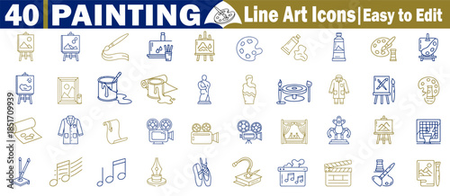 Painting line art icons, easy to edit, vector collection with artist tools and art supplies.