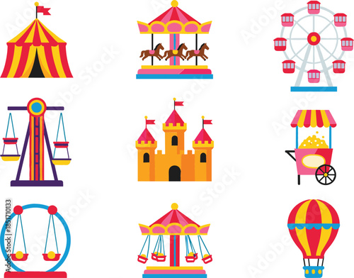 Amusement park and carnival icon set with ferris wheel carousel circus tent and hot air balloon