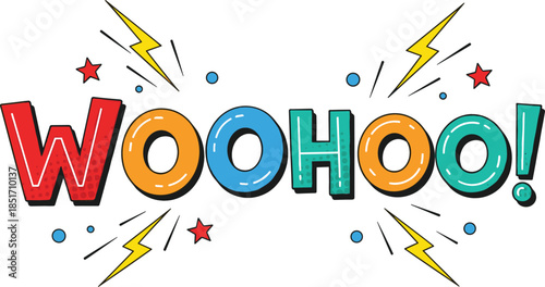 Woohoo comic book style text expression with lightning bolts and stars colorful pop art vector illustration