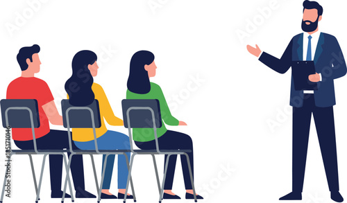 Professional businessman speaker giving presentation to audience sitting on chairs isolated on white background flat vector illustration