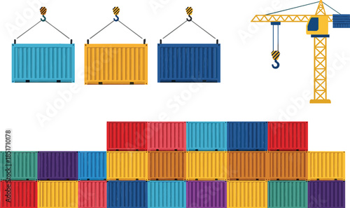 Logistics and shipping port with colorful cargo containers and industrial crane for global trade flat vector illustration