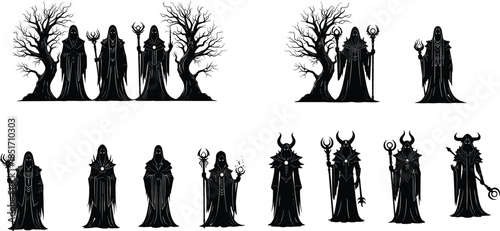 Dark wizard silhouette, fantasy sorcerer vector, mystical character illustration, magical staff graphic, cad drawing flat vector illustration