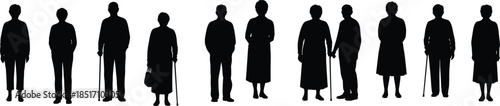 Elderly people silhouette, senior citizen vector, aging population illustration, healthcare demographic graphic, cad drawing flat vector illustration