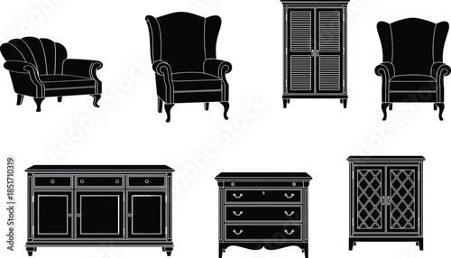 furniture silhouette, vintage cabinet, armchair vector, drawer design, classic decor, black illustration, flat style, minimal art, home interior, antique shape
