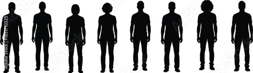 human silhouette, diverse people, standing figures, body shape variation, demographic illustration, vector art, flat design, minimal style, black outline, posture reference
