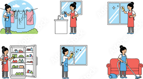 Housekeeping service set with woman cleaning windows vacuuming floor hanging laundry and organizing refrigerator flat vector line illustration