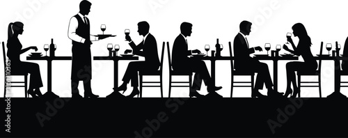 restaurant silhouette, waiter serving, dining scene, wine glass, people eating, hospitality vector, black illustration, social gathering, minimal style, flat design