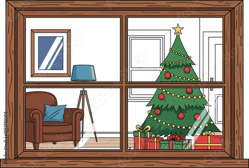 Cozy Christmas living room scene with decorated tree and gifts viewed through a rustic wooden window frame
