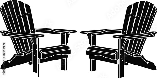 Adirondack chair silhouette, outdoor furniture vector, patio seating graphic, symmetrical wood design illustration, cad drawing flat vector illustration