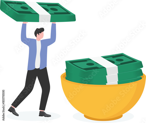 Happy businessman taking out bills from inside a bowl full of bills to show off, wealth,
