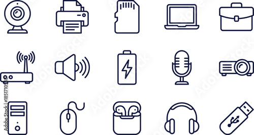 Set of thin line icons for office equipment, computer hardware, digital gadgets, electronic technology devices, business workplace tools, and multimedia peripherals