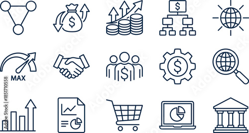 Blue and black line icons set for business data analytics, financial growth, workflow optimization, strategic planning, marketing performance, and corporate management
