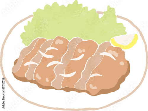 手描き風のレタスとレモンを添えた豚の生姜焼きイラスト