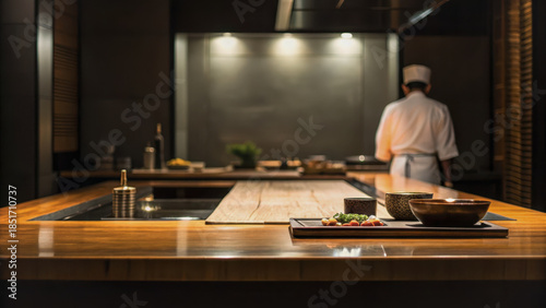 Omakase inspired fine dining. serene omakase preparation table with chef in background, featuring wooden surfaces and dim lighting