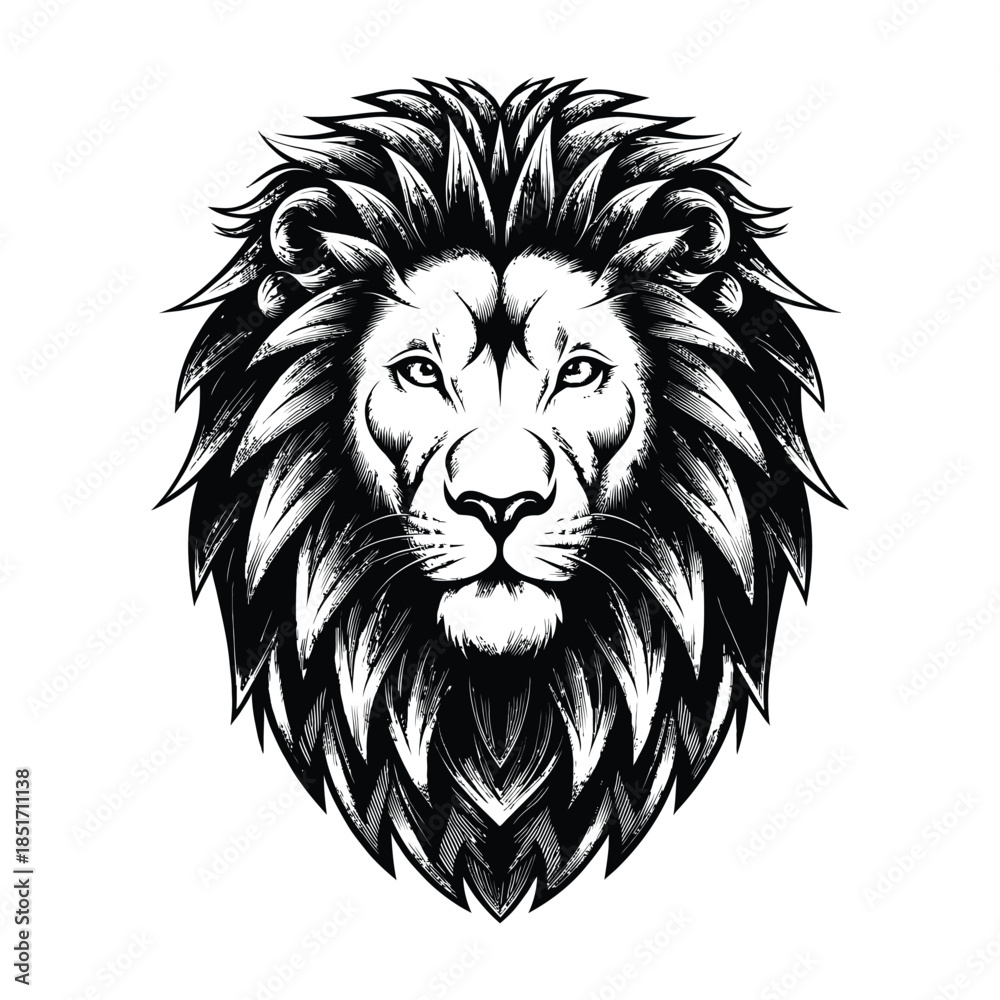 Fototapeta premium Lion Head Vector Illustration of a Powerful Wild Animal Mascot Logo in Black and White