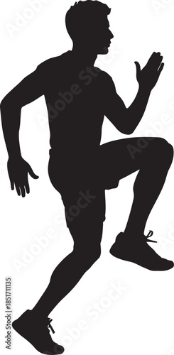Silhouette of Athletic Man Performing High Knees Exercise on White Background