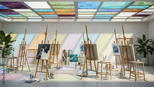 Art Studio with Easels and Stained Glass Ceiling.