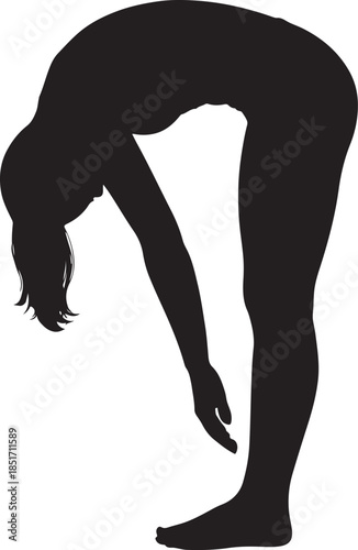 Silhouette of a woman practicing yoga Warrior II pose. Female athlete illustration.