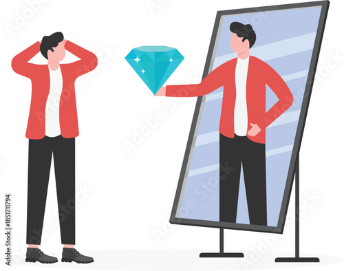 Finding Inner Value: Man Discovering Diamond in His Reflection
