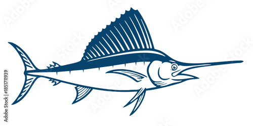 High contrast aquatic animal icon of a sailfish for digital graphic applications