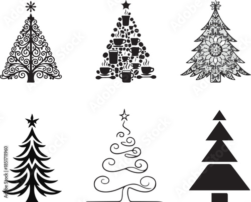 Festive Evergreen Collection: A diverse compilation of unique Christmas tree designs, showcasing the spirit of the holiday season through intricate patterns and modern minimalist silhouettes.