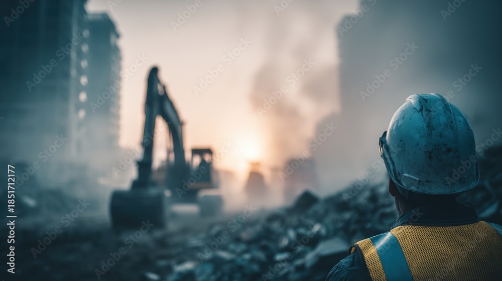 Obraz premium Construction worker in a hard hat looking at a blurred demolition or construction site at sunset
