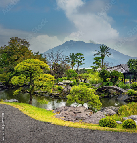 Photos Scenic view of the historic Sengan-en Garden
with the iconic Sakurajima volcano in the background, Kyushu, Japan