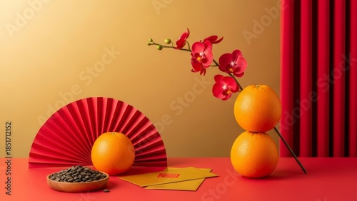 Auspicious Chinese New Year still life composition featuring oranges, red orchid, gold envelopes, and decorative elements on a vibrant red and golden background.