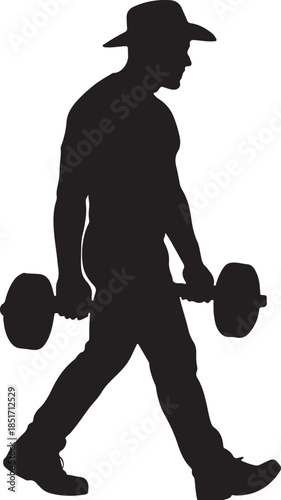 Silhouette of Man in Cowboy Hat Performing Farmer's Walk Exercise with Dumbbells