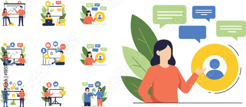 A comprehensive set of vector illustrations showing people communicating online, giving presentations, and managing social media channels and campaigns