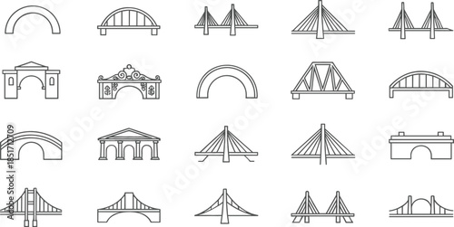 A diverse collection of black and white thin-line icons showcasing various architectural bridge designs, including cable-stayed and arch structures