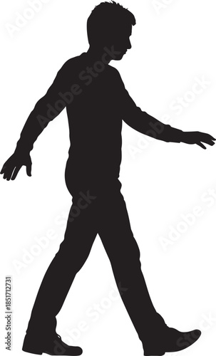 Silhouette of man walking side view. Male figure strolling or stepping forward.